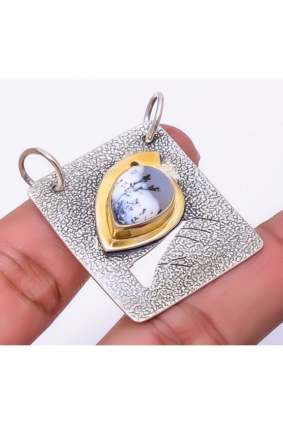 Merlinite Dendritic Opal -Brazil 925 Silver Gold Plated Bird Pendant 1.56" P21_9, Valentine's Day Gift, Birthday Gift, Beautiful Jewelry For Woman