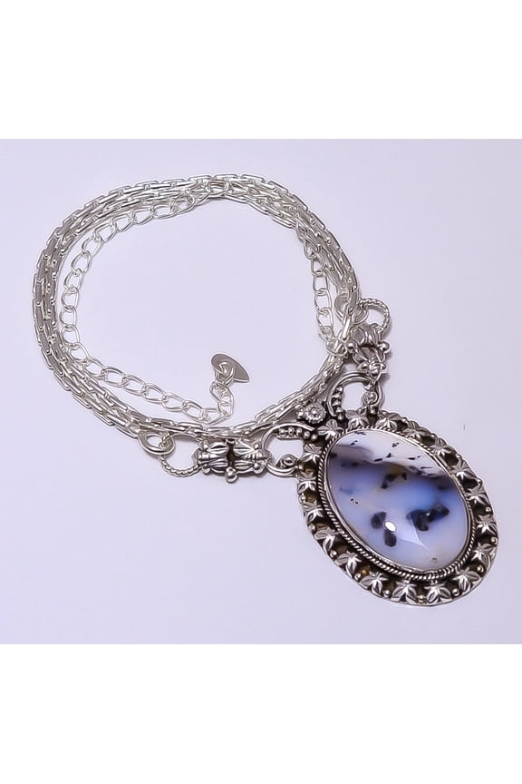 Merlinite Dendritic Opal -Brazil 925 Silver Plated Bali Necklace 16-24.99" N29, Valentine's Day Gift, Birthday Gift, Beautiful Jewelry For Woman