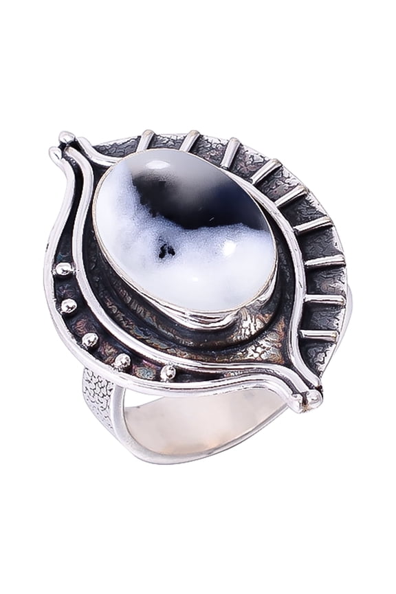 Merlinite Dendritic Opal -Brazil 925 Sterling Silver Ring V2418, Adjustable Ring, Dendritic Agate Ring, Black & White Ring, Gift For Her Ring, Wedding