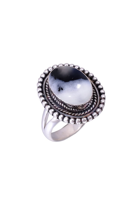 Merlinite Dendritic Opal -Brazil 925 Sterling Silver Ring V3022, Adjustable Ring, Dendritic Agate Ring, Black & White Ring, Gift For Her Ring, Wedding