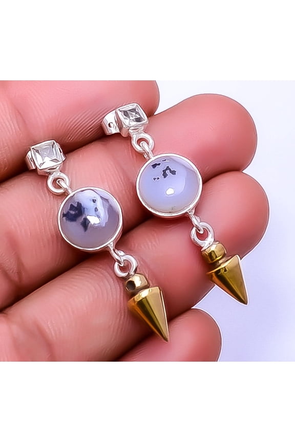Merlinite Dendritic Opal -Brazil 925 Sterling Silver Two Tone Earring 1.50" E58, Beautiful Jewelry For Woman, New Year Sale, Valentin's Day Gift