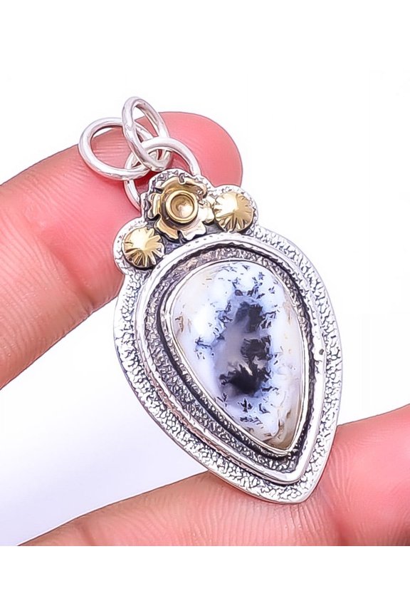 Merlinite Dendritic Opal -Brazil 925 Sterling Silver Two Tone Pendant 1.95" P_1