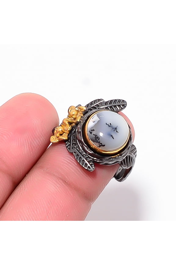 Merlinite Dendritic Opal -Brazil Black And Gold Plated 925 Sterling Silver Ring S.8 R87325, Christmas Gift