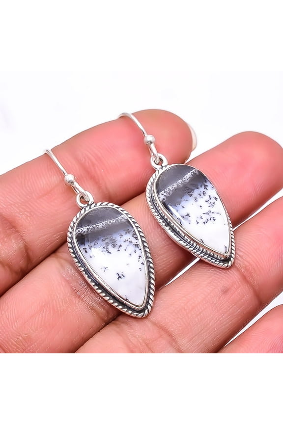 Merlinite Dendritic Opal -Brazil Designer Handmade 925 Sterling Silver Earring 1.56", Black & White Dendritic Agate Earring E_8020_330_19