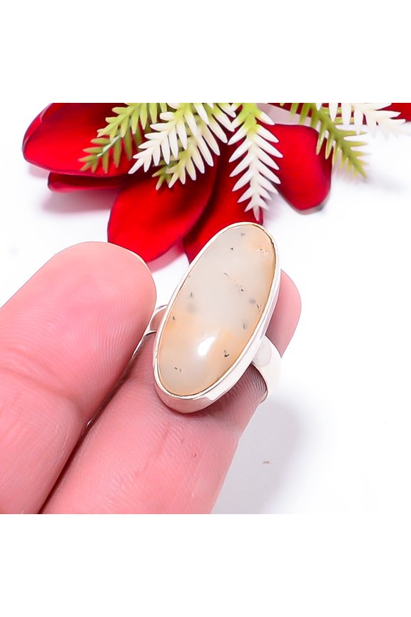 Merlinite Dendritic Opal -Brazil Gemstone 925 Sterling Silver Ring S.6.5 R53