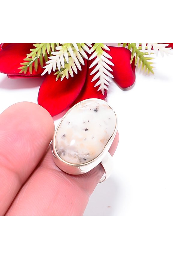 Merlinite Dendritic Opal -Brazil Gemstone 925 Sterling Silver Ring S.7.5 R90