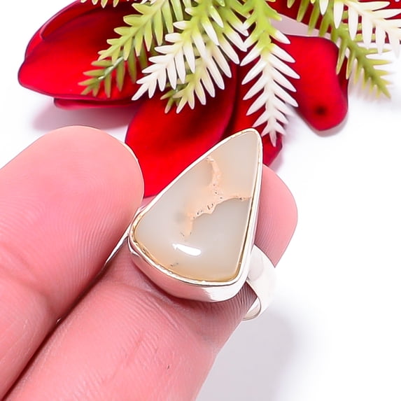Merlinite Dendritic Opal -Brazil Gemstone 925 Sterling Silver Ring S.7.5 R99