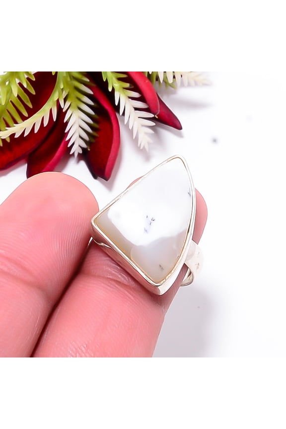 Merlinite Dendritic Opal -Brazil Gemstone 925 Sterling Silver Ring S.8 R3