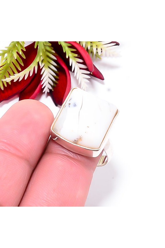 Merlinite Dendritic Opal -Brazil Gemstone 925 Sterling Silver Ring S.8 R40