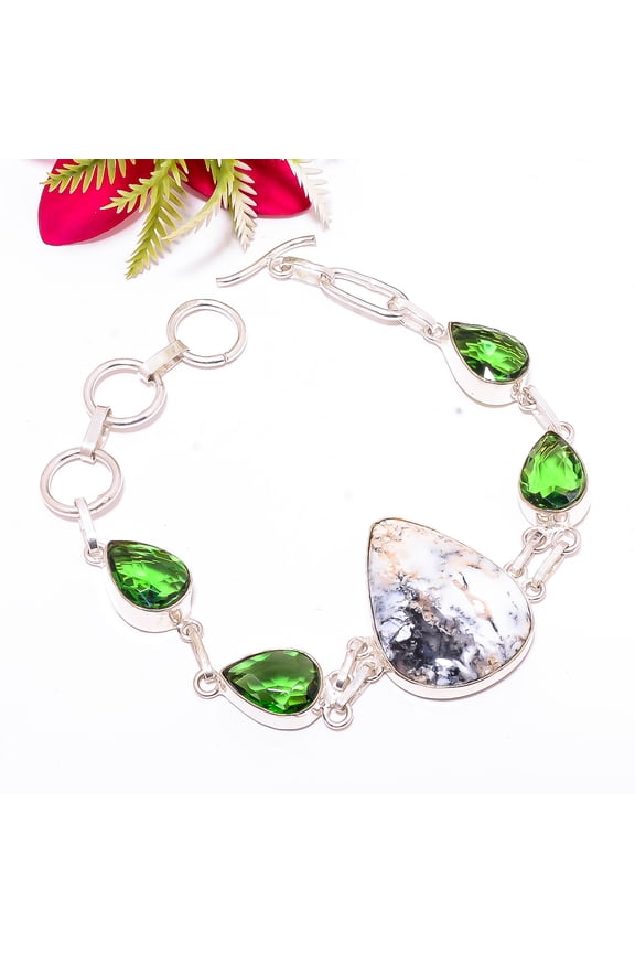 Merlinite Dendritic Opal -Brazil, Peridot 925 Sterling Silver Bracelet 7.99" B37
