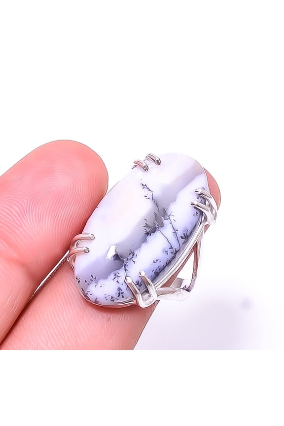 Merlinite Dendritic Opal -Brazil Solitaire Gemstone Handmade 925 Sterling Silver Ring s.9, Black & White Dendritic Agate Ring R_8024_295_98