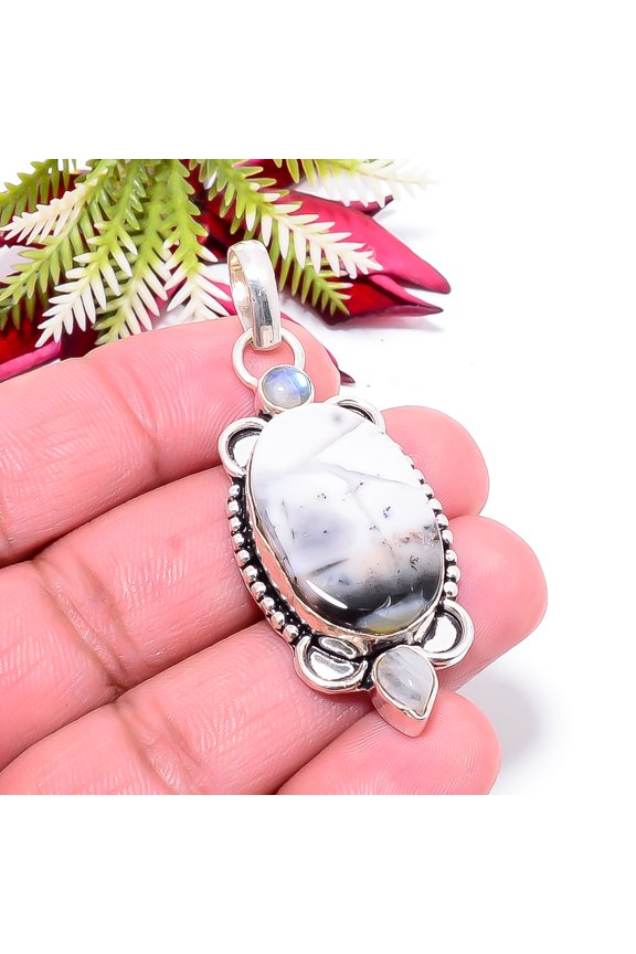 Merlinite Dendritic Opal, Gray Moonstone 925 Sterling Silver Pendant 2.34" P55