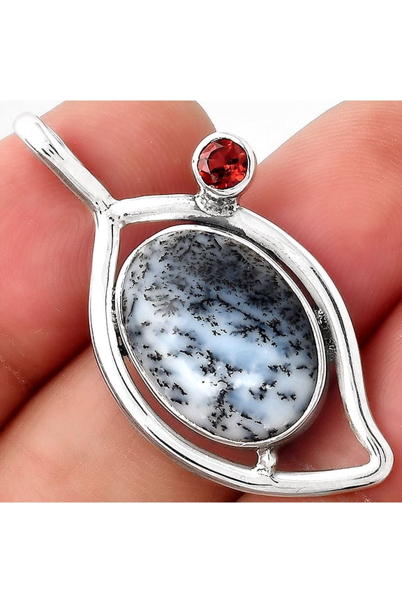 Merlinite Dendritic Opal and Garnet 925 Sterling Silver Pendant Jewelry P-1640 SDP155362