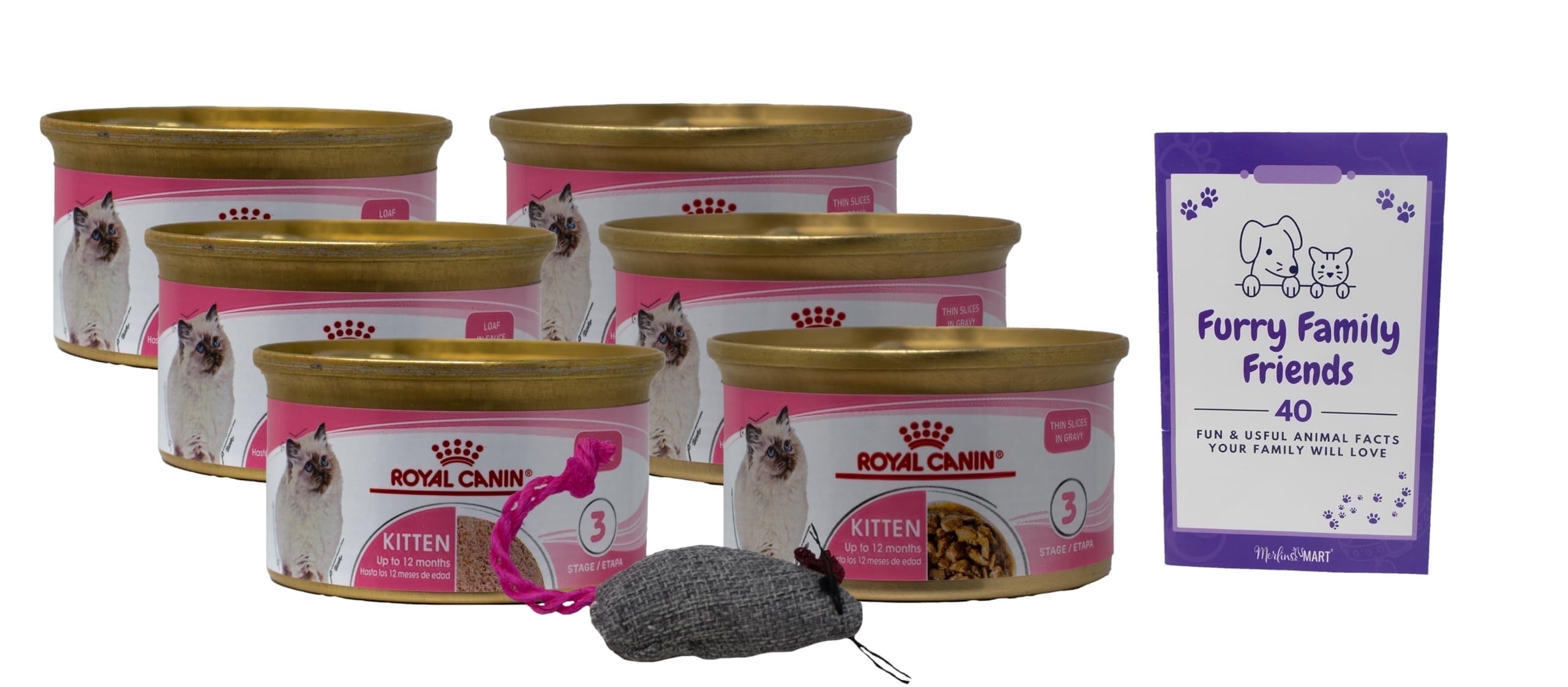 Kitten Food - 2 Flavor Textures 6 Can Sampler, (3) Each: Thin Slices in Gravy, Loaf in Sauce + MerlinsMart Zine | Catnip Toy | Royal Canin
