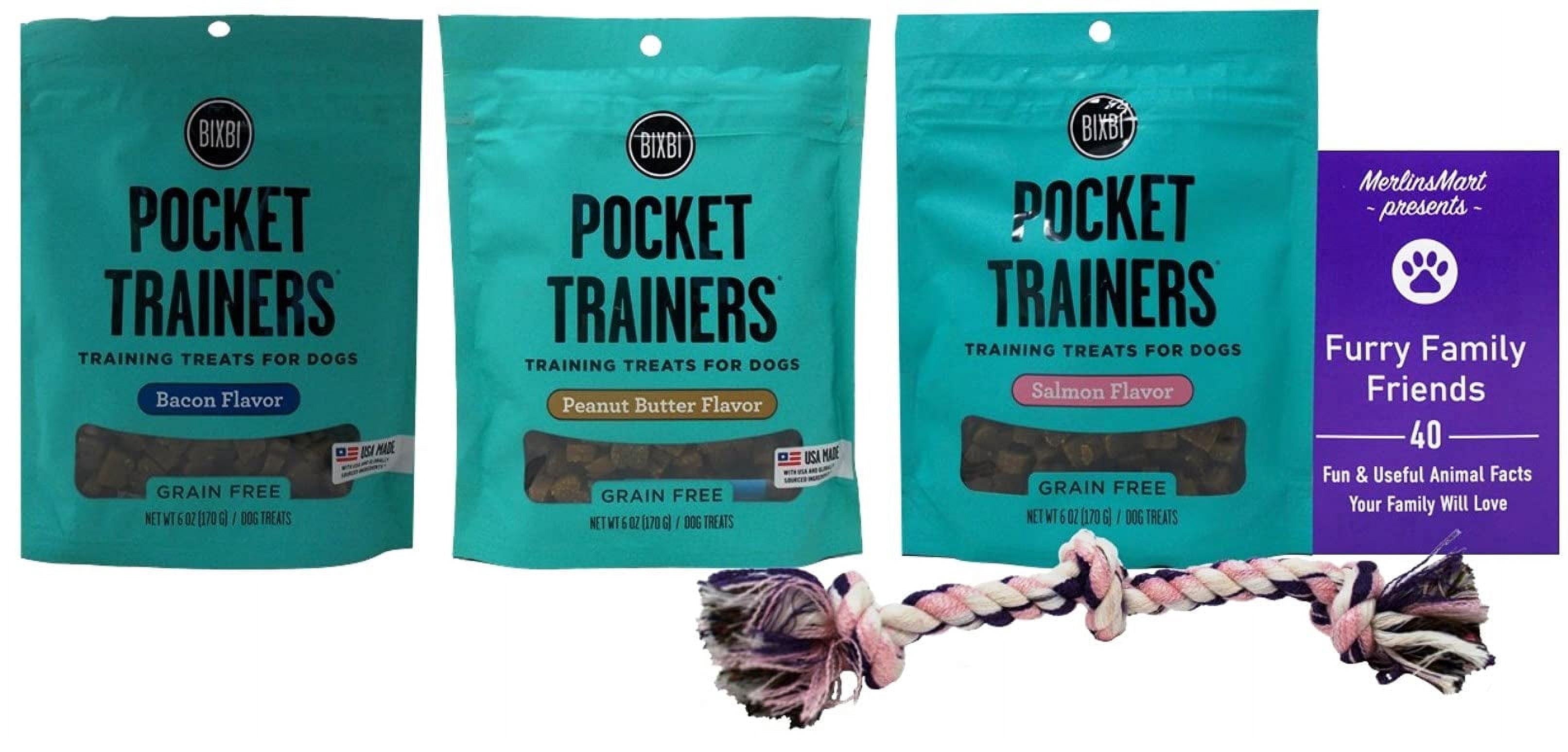 Dog Treats | Pocket Trainers Soft Moist Variety, (1) Each: Bacon, Peanut Butter, Salmon (6 Ounces) + MerlinsMart Zine | Rope Toy | Bixbi
