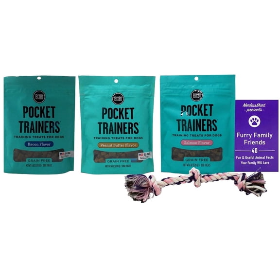 Dog Treats | Pocket Trainers Soft Moist Variety, (1) Each: Bacon, Peanut Butter, Salmon (6 Ounces) + MerlinsMart Zine | Rope Toy | Bixbi