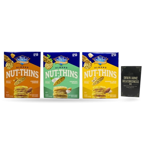 Almond Nut-Thins | Gluten Free | 3 Flavors (1) each: Cheddar, Country Ranch, Pepper Jack Cheese & MerlinsMart Zine | Rice Crackers Blue Diamond