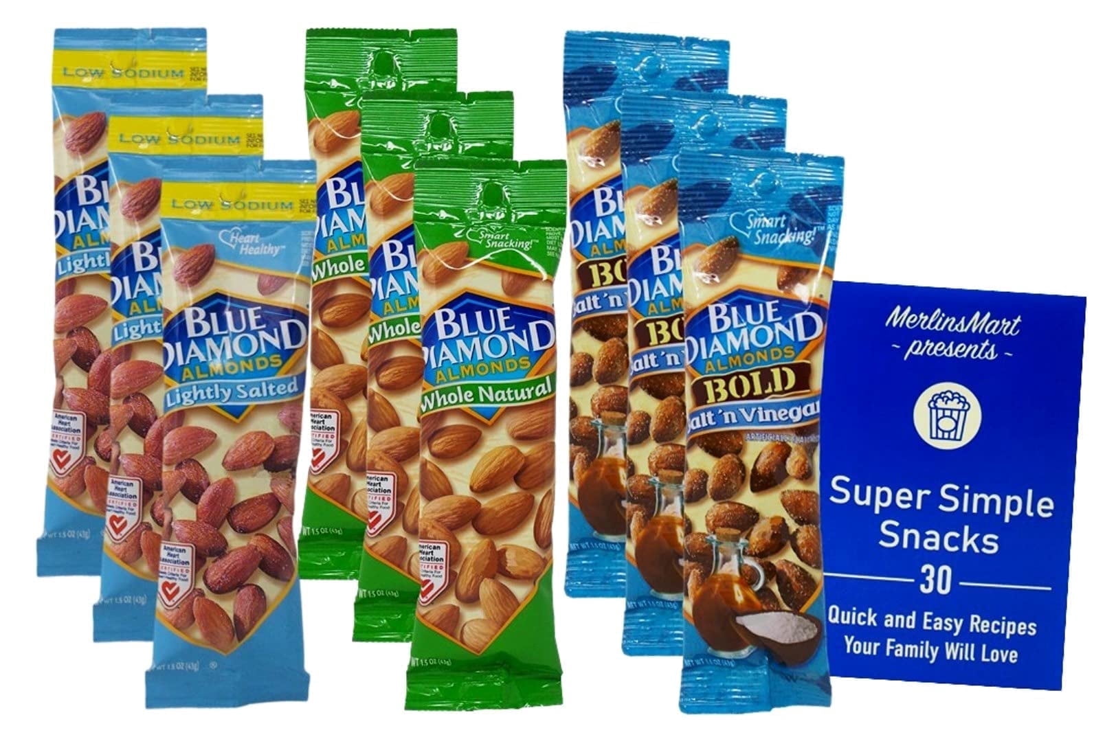Blue Diamond Almonds 3 Flavors - (3) Each: Lightly Salted Low Sodium, Whole Natural, Bold Salt 'n Vinegar (1.5 Ounces) MerlinsMart Zine
