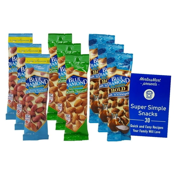 Blue Diamond Almonds 3 Flavors - (3) Each: Lightly Salted Low Sodium, Whole Natural, Bold Salt 'n Vinegar (1.5 Ounces) MerlinsMart Zine