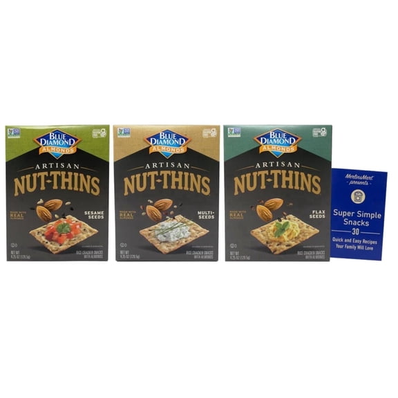 Blue Diamond Nut-Thins Artisan Rice Crackers Variety Pack, Sesame Seeds, Multi-Seeds & Flax Seeds, 4.25 oz Each (3 Pack) + MerlinsMart Zine