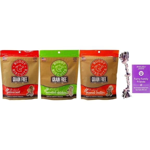 Soft Dog Treats - Grain-Free  - 3 Flavor Variety - (1) Each: Grilled Beef, Roasted Chicken, Peanut Butter (5 Ounces) - Buddy Biscuits | MerlinsMart Zine + Rope Toy