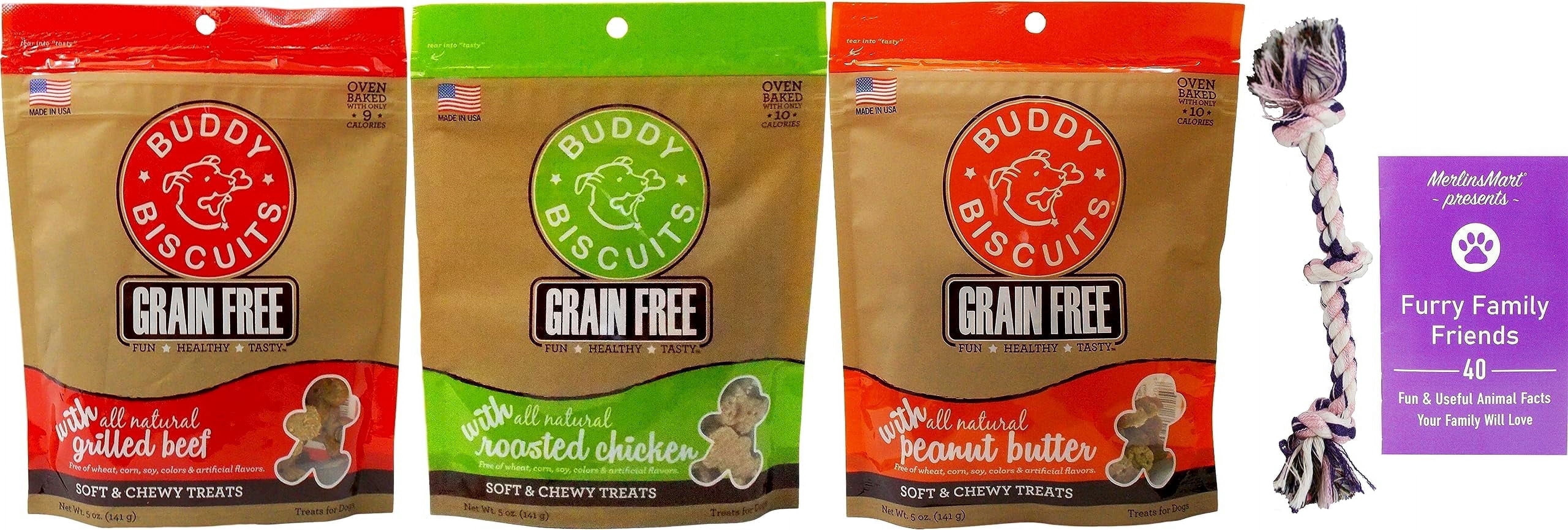 Buddy Biscuits Grain Free Soft Dog Treats Variety 3-Pack | Grilled Beef, Roasted Chicken & Peanut Butter | 5 oz | MerlinsMart Zine + Rope Toy