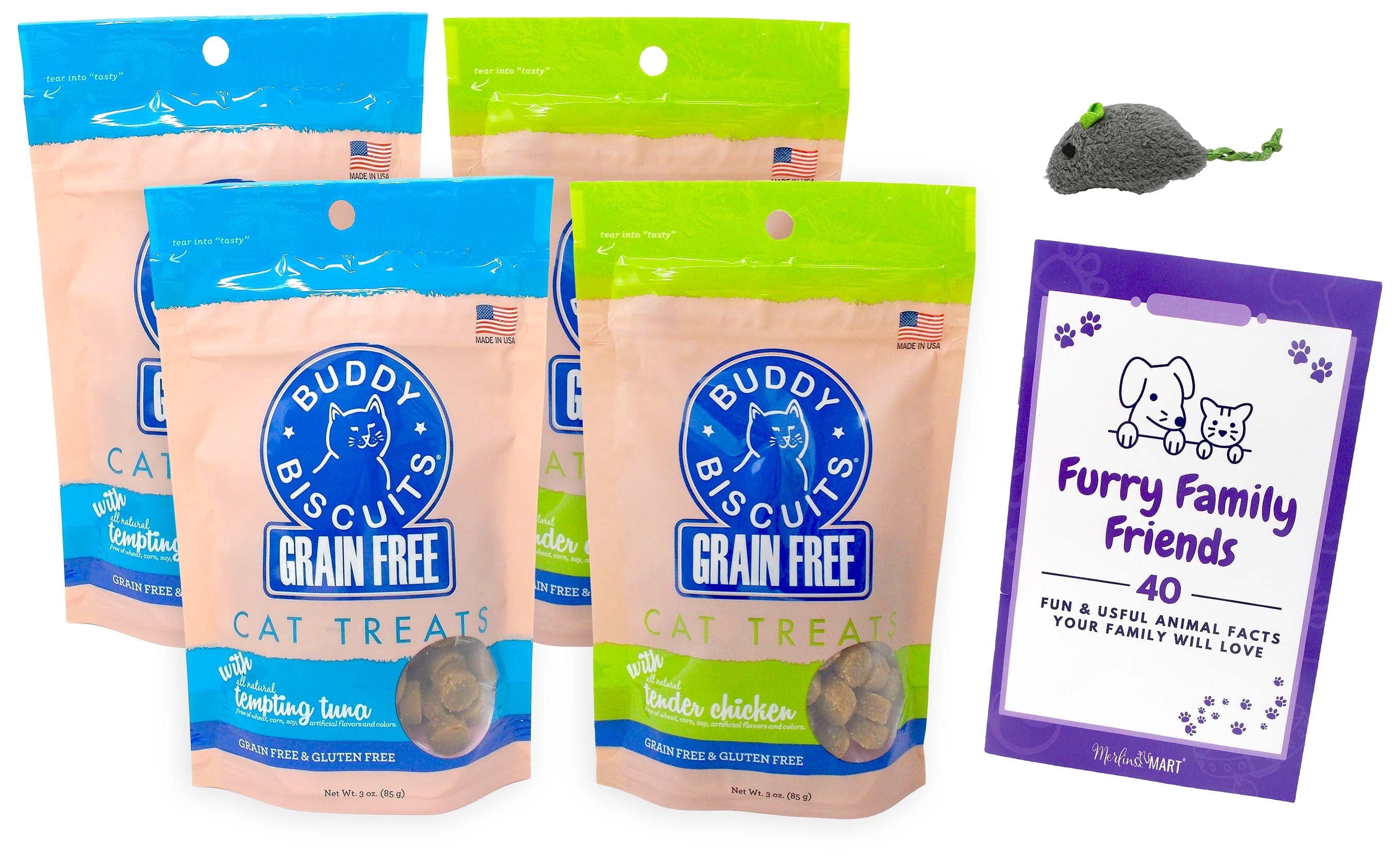 Soft Moist Cat Treats Grain-Free  2 Flavor (2) Each: Tempting Tuna, Tender Chicken (3 Ounces) + MerlinsMart Zine + Catnip Toy | Buddy Biscuits