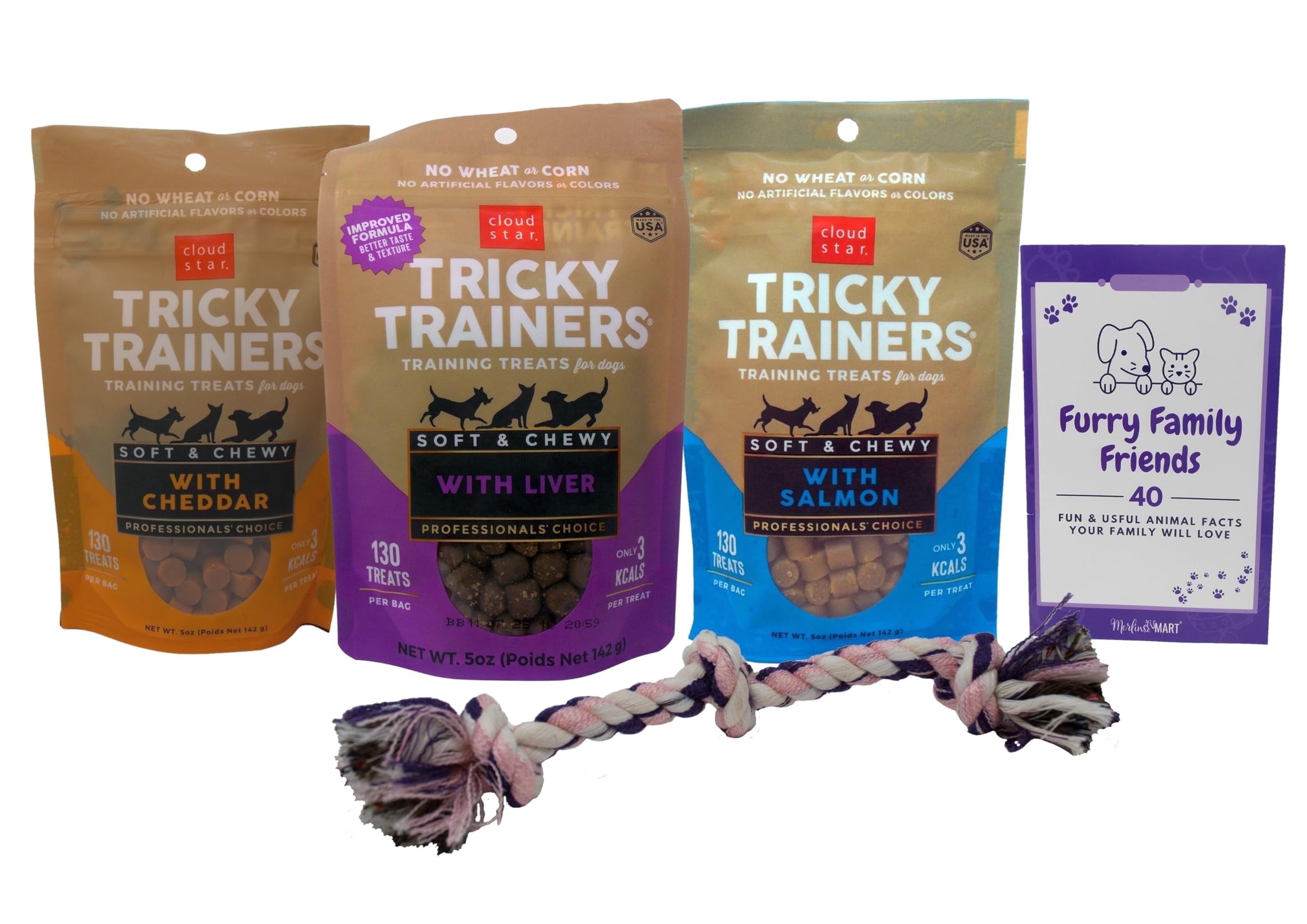 Grain-Free Soft Chewy Dog Training Treats, Tricky Trainers - 3 Flavor (1) Each: Liver, Cheddar, Salmon | MerlinsMart Zine & Rope Toy | Cloud Star
