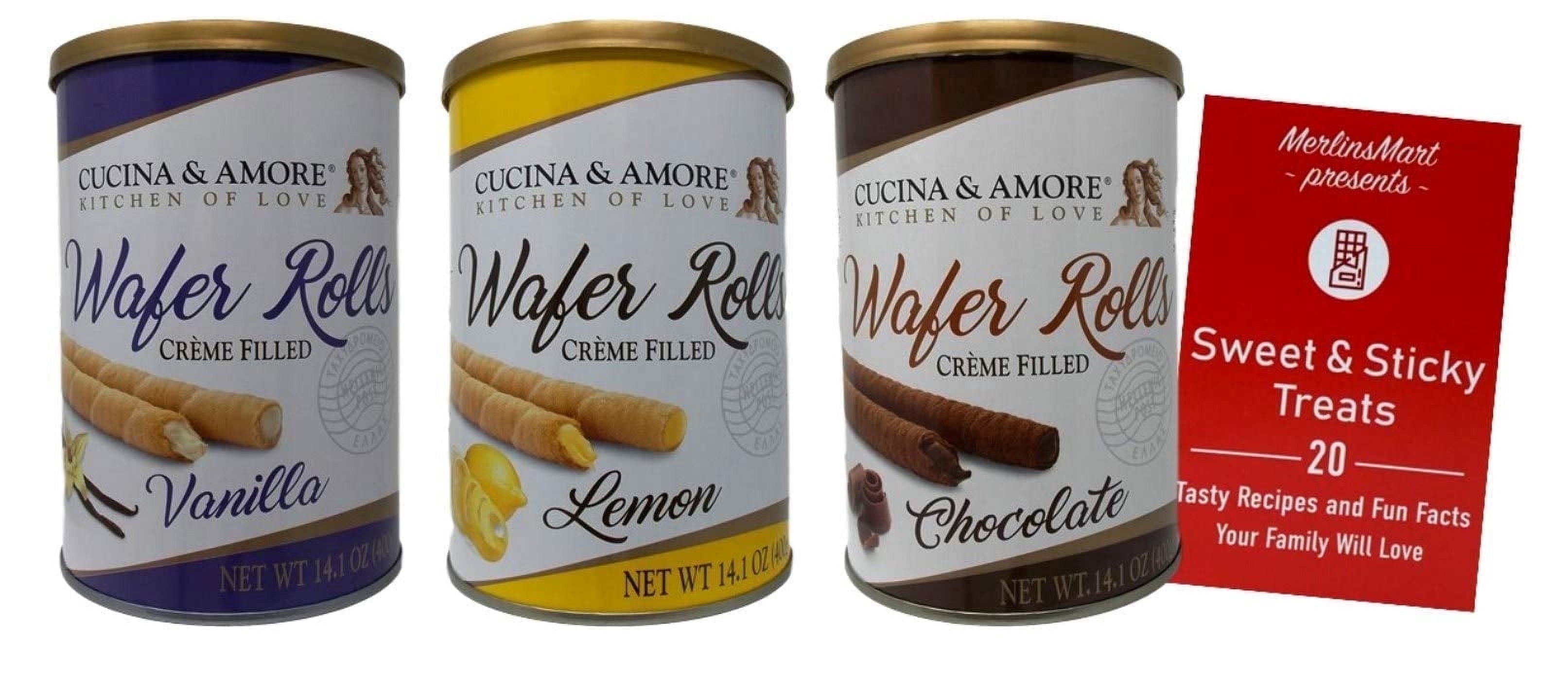 Creme-Filled Baked Rolled Wafers  | Gourmet Cream Cookies 3 Flavors: Chocolate, Lemon, Vanilla (14.1 Oz) + MerlinsMart Zine | Cucina & Amore