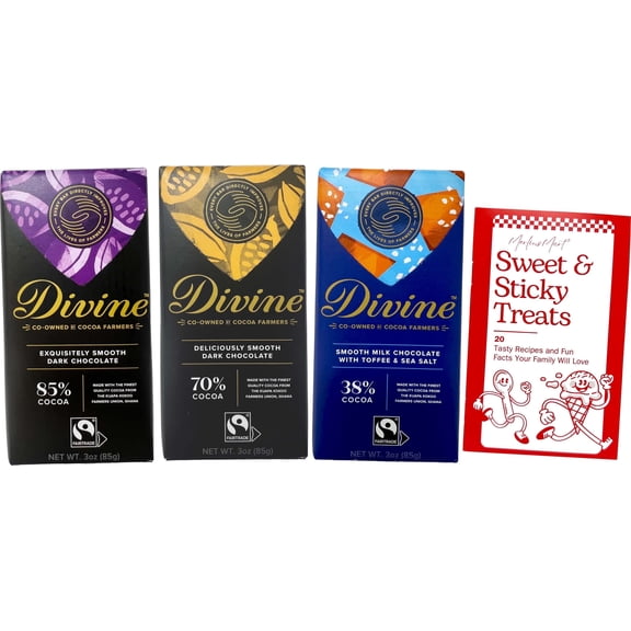 Chocolate Bars Fair Trade and German 3 Flavor (1) Each: Deliciously Rich 70% Dark, Milk Chocolate Toffee Sea Salt, Exquisitely Rich 85% Dark (3 Ounces) + MerlinsMart Zine | Divine