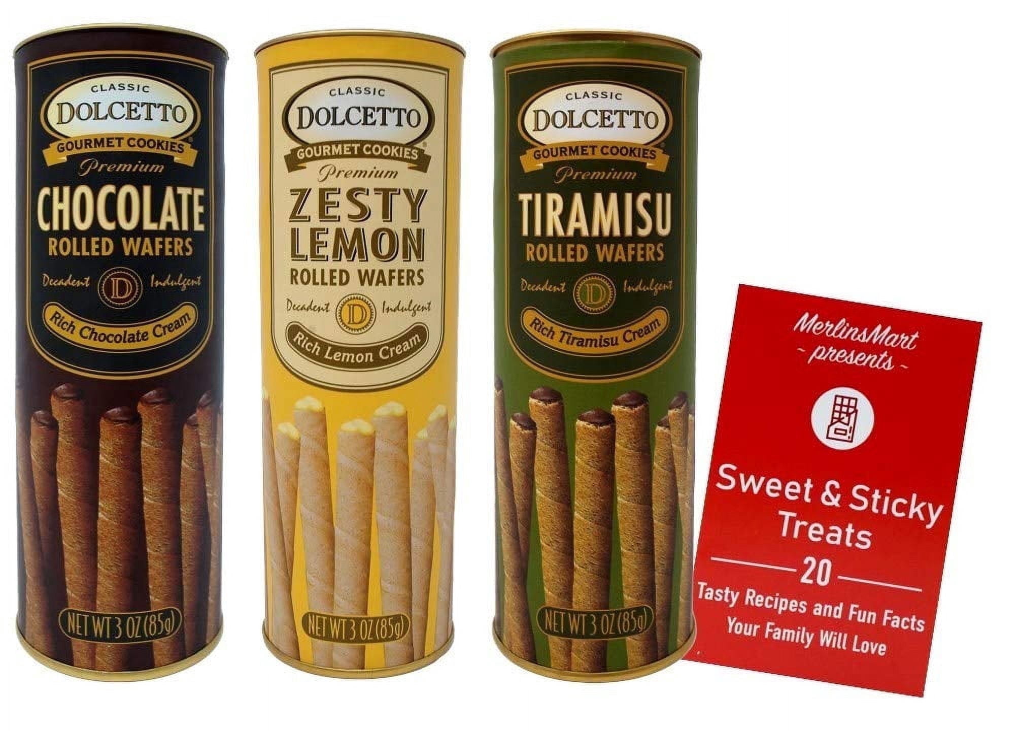 Premium Cream Filled Rolled Wafers | Gourmet Cookies Baked 3 Flavor Variety (1) Rich Chocolate, Zesty Lemon, Rich Tiramisu + MerlinsMart Zine | Dolcetto