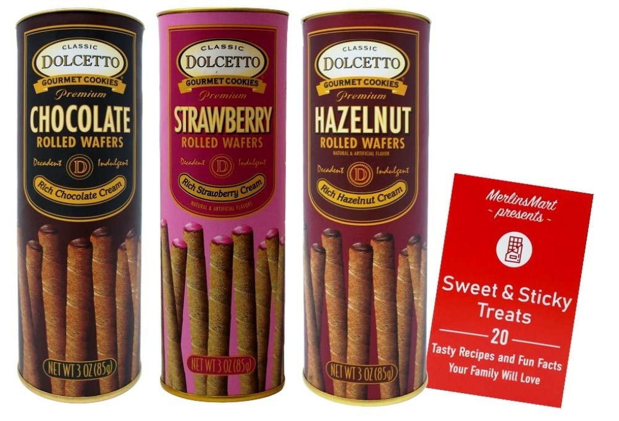 Dolcetto Premium Cream Filled Rolled Wafers | Gourmet Cookies Baked 3 Flavor Variety Pack Chocolate, Strawberry, Hazelnut (3 oz) + MerlinsMart Zine