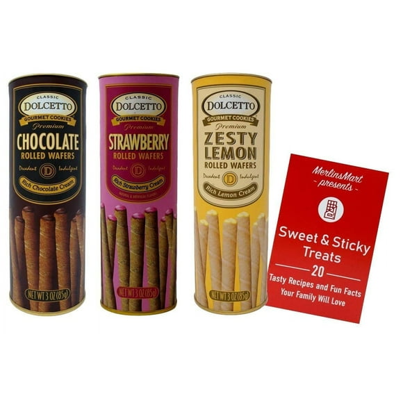 Dolcetto Premium Cream Filled Rolled Wafers | Baked Gourmet Cookies 3 Flavor Variety pack Chocolate, Strawberry, Zesty Lemon (3 Oz) + MerlinsMart Zine