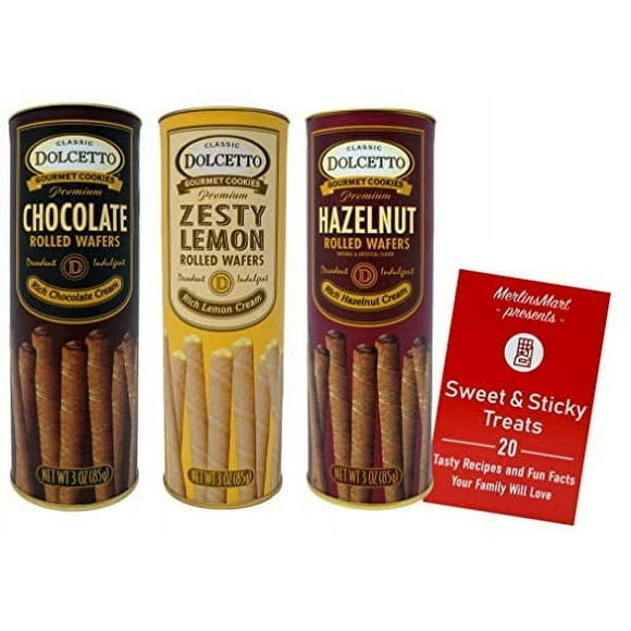 Dolcetto Premium Cream Filled Rolled Wafers | Gourmet Cookies Baked 3 Flavor Variety pack Chocolate, Zesty Lemon, Hazelnut (3 Oz) + MerlinsMart Zine