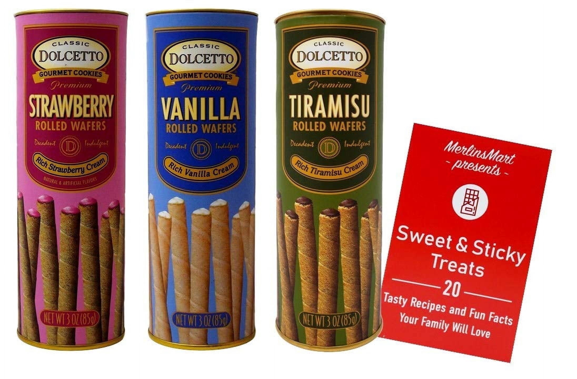 Dolcetto Premium Cream Filled Rolled Wafers | Gourmet Cookies Baked 3 Flavor Variety (1) Strawberry, Vanilla, Tiramisu (3 Ounce ) + MerlinsMart Zine