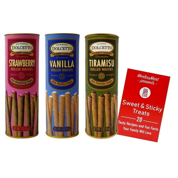 Dolcetto Premium Cream Filled Rolled Wafers | Gourmet Cookies Baked 3 Flavor Variety (1) Strawberry, Vanilla, Tiramisu (3 Ounce ) + MerlinsMart Zine