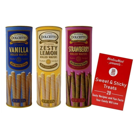 Dolcetto Rolled Wafers Premium Baked - Gourmet Cookies - 3 Flavors Vanilla, Zesty Lemon, Strawberry Wafer Cookies (3 oz) + MerlinsMart Zine