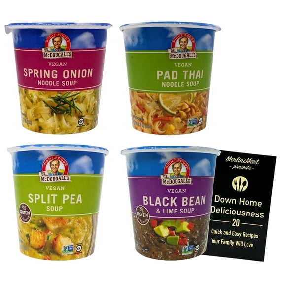 Black Bean, Split Pea, Pad Thai, Spring Onion, Vegan Soup Cups | 4 Flavor Sampler - (1) Each (1.9-3.4 Ounces) + MerlinsMart Zine | Dr. McDougall's