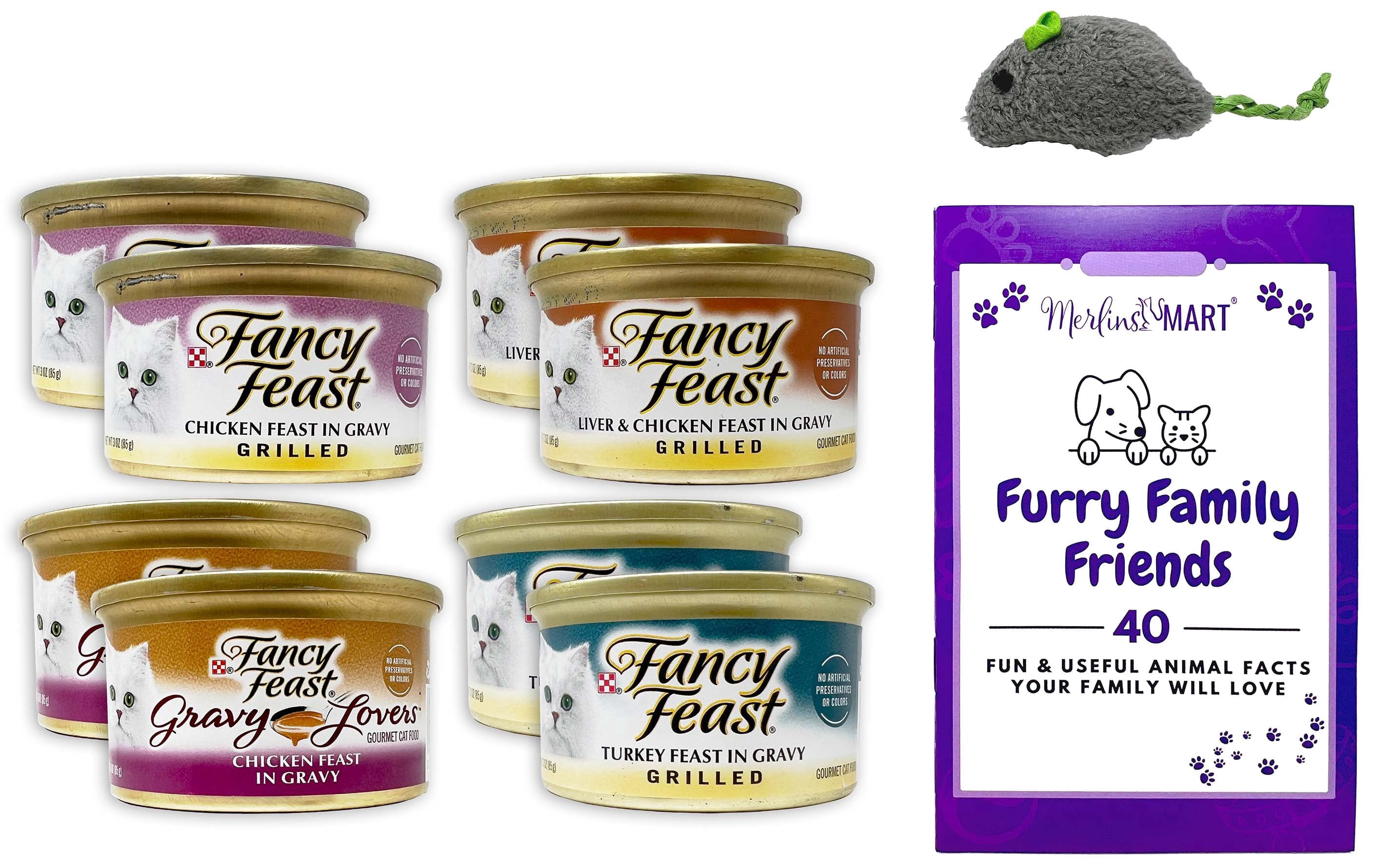 Purina Fancy Feast Grilled Adult Cat Food 4 Flavor Sampler: Liver Chicken, Turkey, Gravy Lovers Chicken, Chicken | 2 Each (3 Oz) | MerlinsMart Zine & Catnip Toy