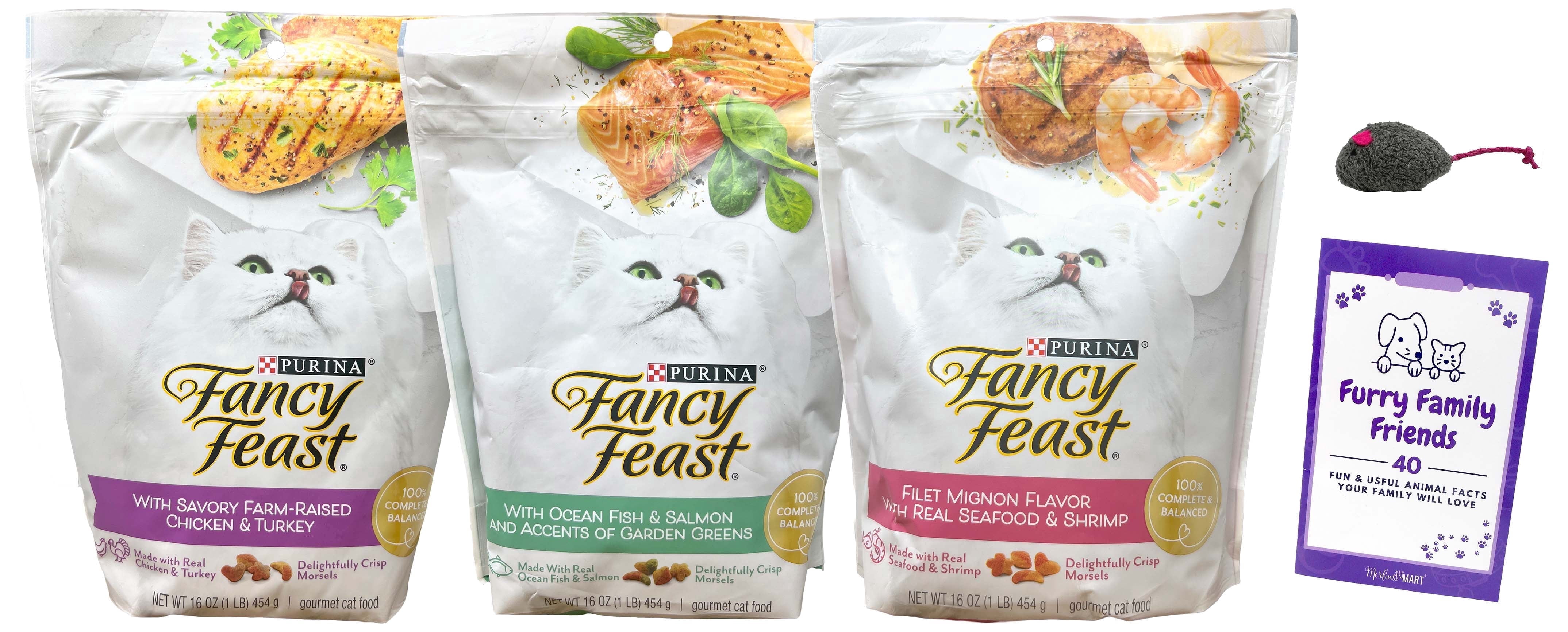Fancy Feast Gourmet Dry Cat Food 3 Flavor (1) Each: Chicken Turkey, Ocean Fish Salmon with Garden Greens, Filet Mignon + MerlinsMart Zine | Catnip Toy