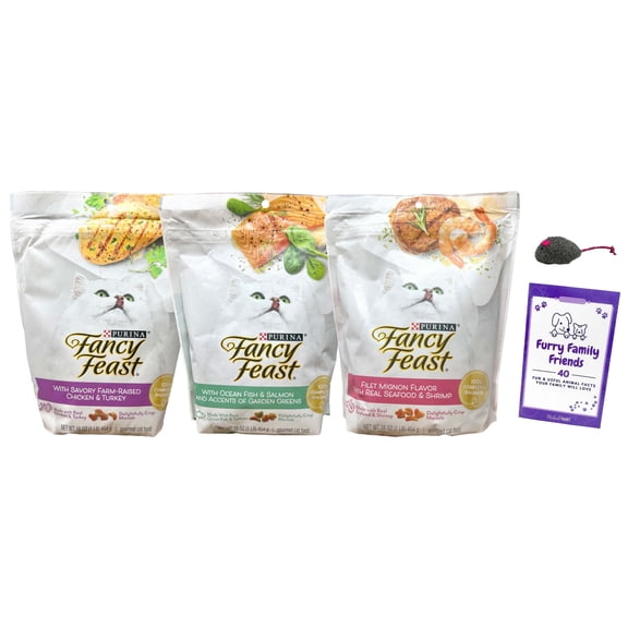 Fancy Feast Gourmet Dry Cat Food 3 Flavor (1) Each: Chicken Turkey, Ocean Fish Salmon with Garden Greens, Filet Mignon + MerlinsMart Zine | Catnip Toy