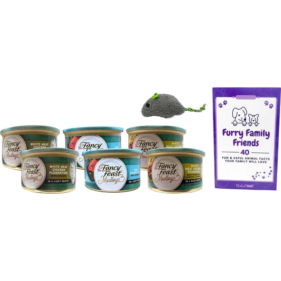Cat Food Gourmet Medleys | 3 Flavor (2) Each: Chicken Florentine, Tuna Florentine, Chicken Primavera + MerlinsMart Zine | Catnip Toy | Fancy Feast