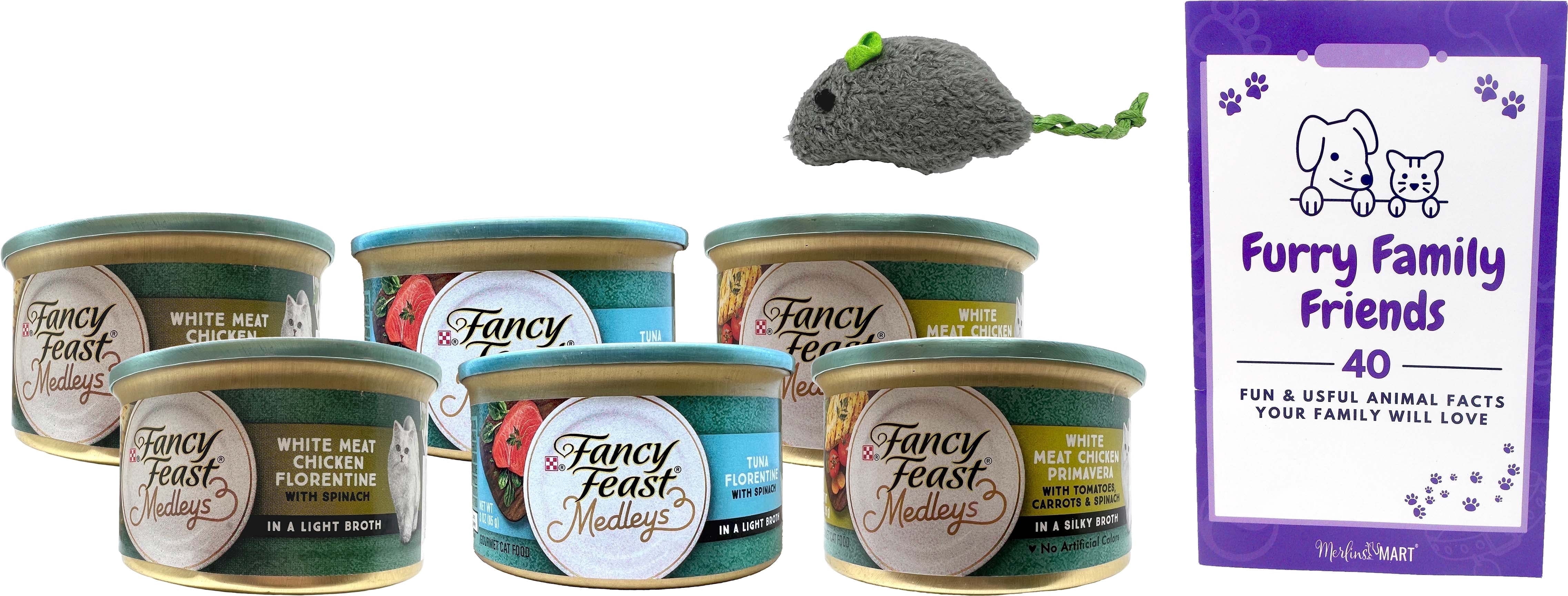 Fancy Feast Gourmet Medleys Wet Adult Cat Food 3-Flavor Sampler - Chicken Florentine, Tuna Florentine & Chicken Primavera, 3 oz (6 Pack) + Catnip Toy & MerlinsMart Zine