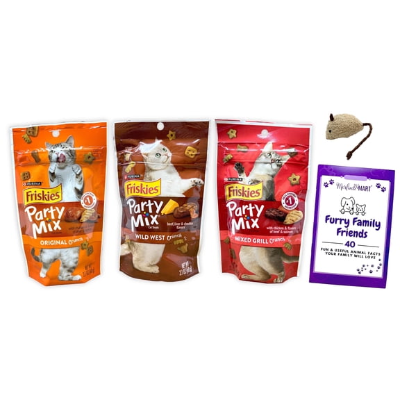 Cat Treats 3 Flavor Variety - (1) Each: Original, Wild West (Beef, Liver, Cheddar), Mixed Grill (2.1 Ounces) | MerlinsMart Zine + Catnip Toy | Friskies Party Mix