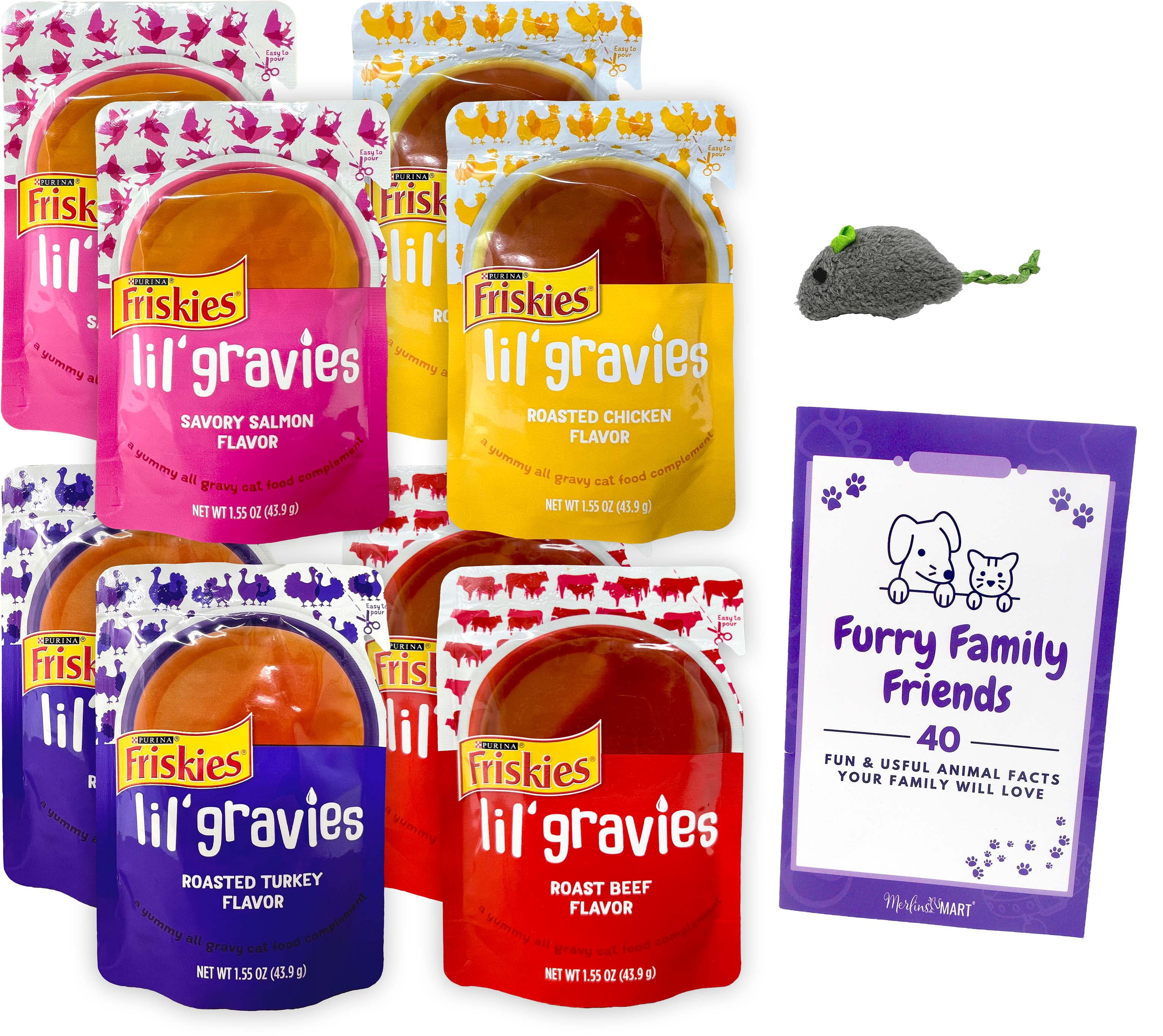Friskies Lil' Gravies - 4 Flavor 8 Count Variety - (2) Each: Turkey, Salmon, Chicken, Roast Beef + MerlinsMart Zine | Catnip Toy