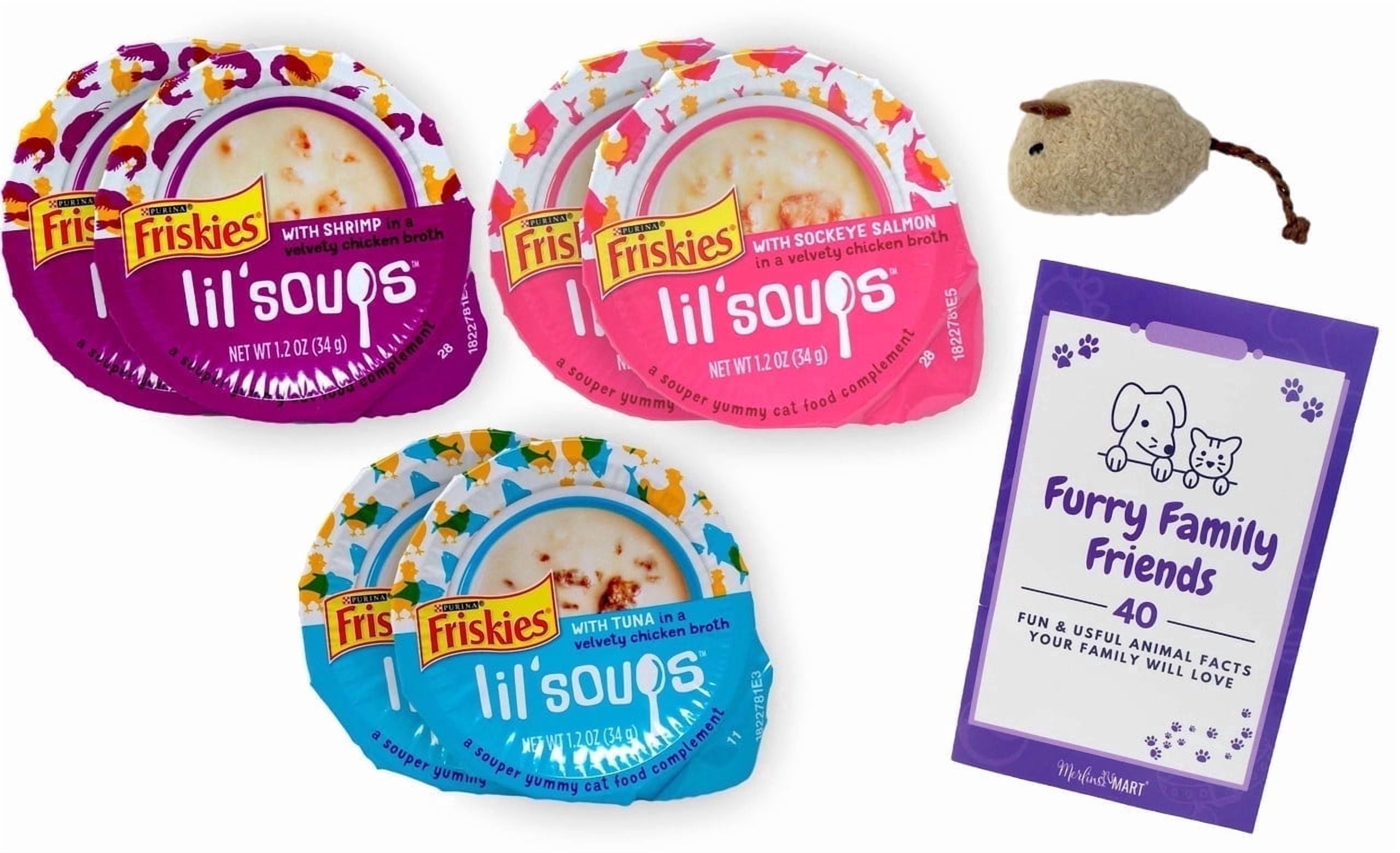 Lil Soups Adult Cat Food Topper | Friskies  - 3 Flavor (2) Each: Sockeye Salmon, Shrimp, Tuna (1.2 Ounces)  | MerlinsMart Zine + Catnip Toy