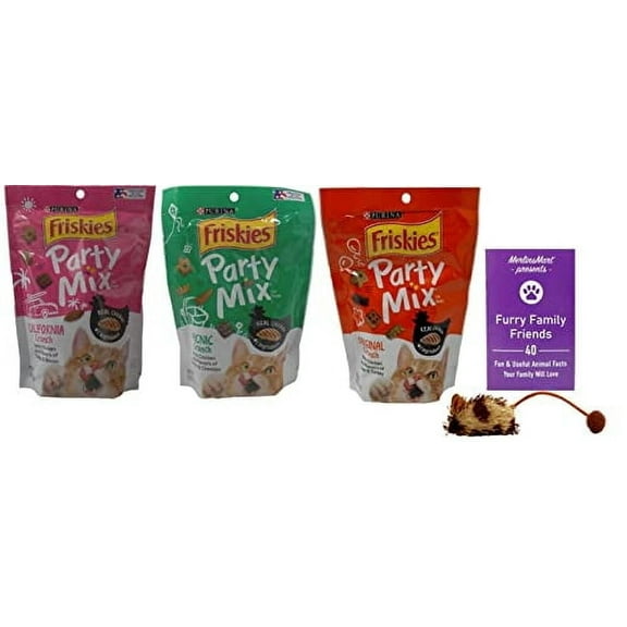 Cat Treats Chicken Lovers, 3 Flavor Variety - (1) Each: California Crunch, Picnic, Original (6 Ounces) MerlinsMart Zine + Catnip Toy | Friskies Party Mix