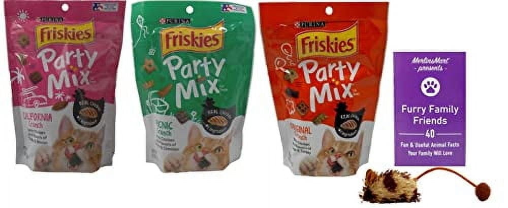 Friskies Party Mix Cat Treats Chicken Lovers 3 Flavor Variety - (1) Each: California Crunch, Picnic, Original (6 Ounces) MerlinsMart Zine + Catnip Toy