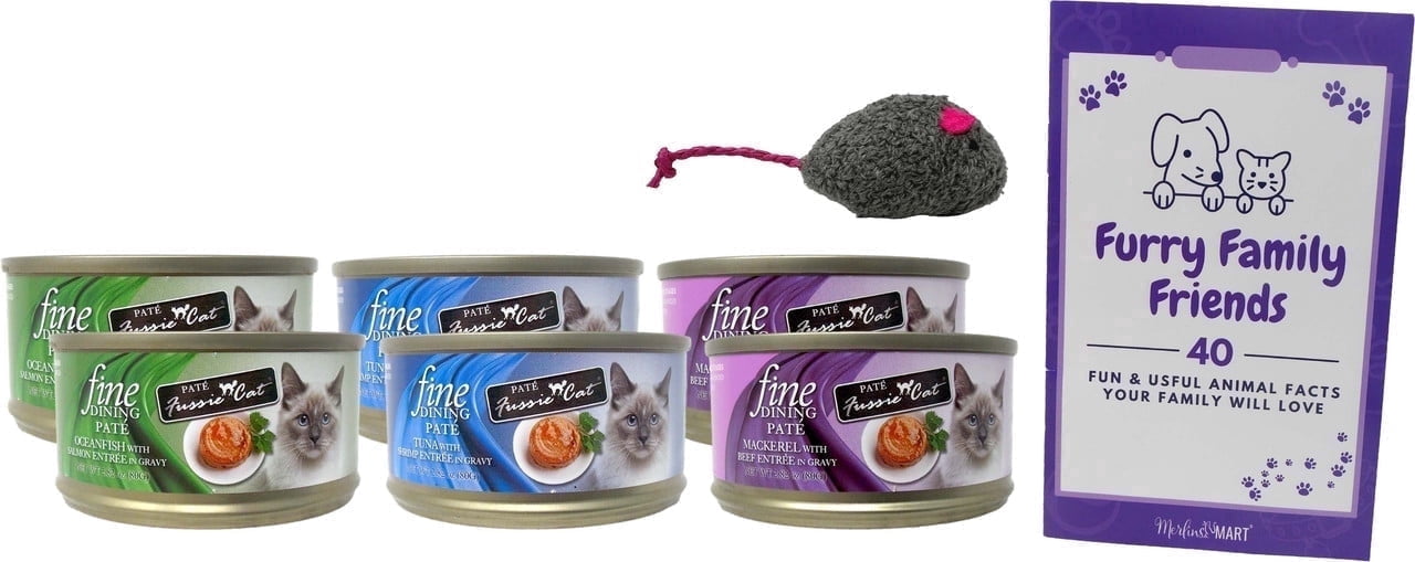 Fussie Cat Cat Food Pate, Fine Dining - Tuna Shrimp, Oceanfish Salmon, Mackerel Beef - 3 Pack (3 Ounces) | MerlinsMart Zine & Catnip Toy
