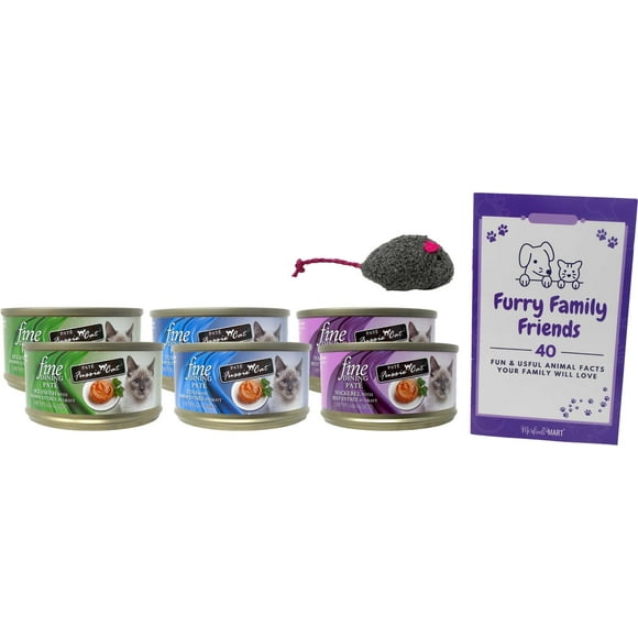 Fussie Cat Fine Dining Pate Cat Food 3 Flavor Variety (2) Each: Tuna Shrimp, Oceanfish Salmon, Mackerel Beef (3 Ounces) and Catnip Toy + MerlinsMart Zine